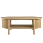 Table basse ovale cannelée avec étagère inférieure, chêne / noir / noyer, style moderne du milieu du siècle