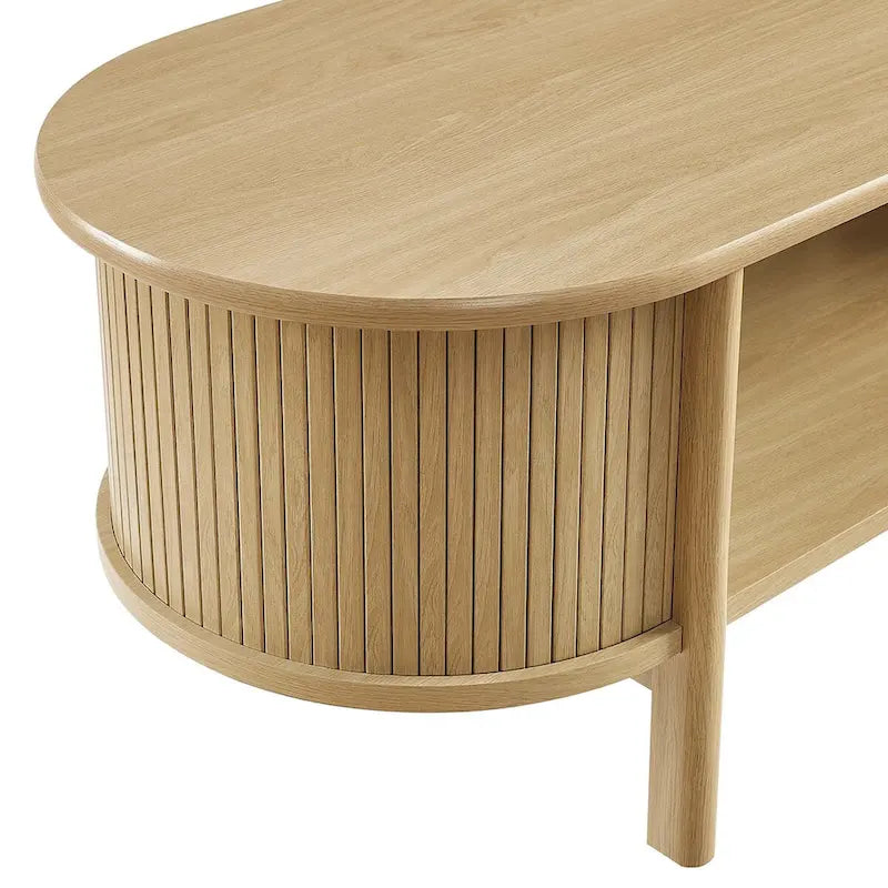 Table basse ovale cannelée avec étagère inférieure, chêne / noir / noyer, style moderne du milieu du siècle