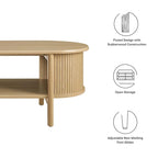 Table basse ovale cannelée avec étagère inférieure, chêne / noir / noyer, style moderne du milieu du siècle