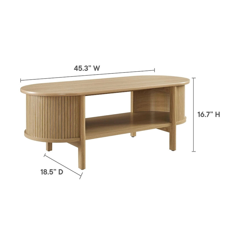 Table basse ovale cannelée avec étagère inférieure, chêne / noir / noyer, style moderne du milieu du siècle