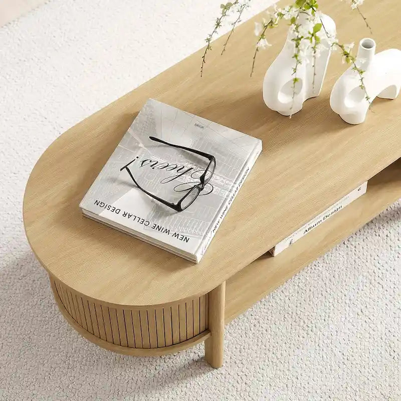 Table basse ovale cannelée avec étagère inférieure, chêne / noir / noyer, style moderne du milieu du siècle