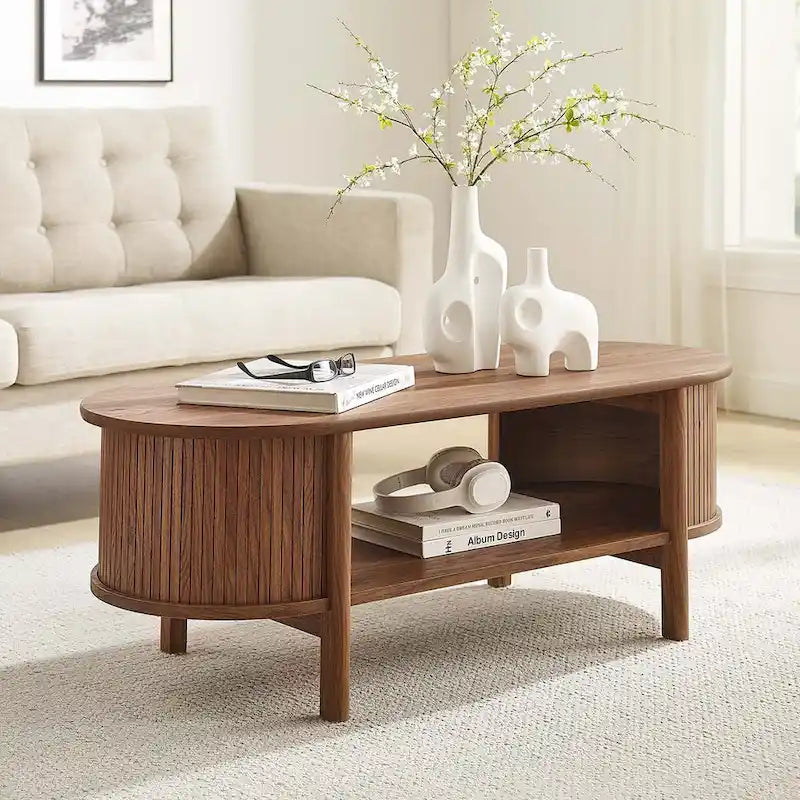 Table basse ovale cannelée avec étagère inférieure, chêne / noir / noyer, style moderne du milieu du siècle
