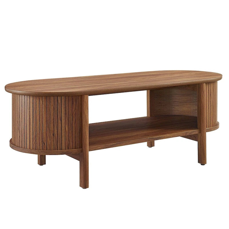 Table basse ovale cannelée avec étagère inférieure, chêne / noir / noyer, style moderne du milieu du siècle