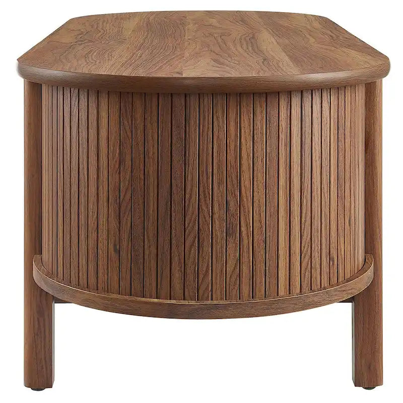 Table basse ovale cannelée avec étagère inférieure, chêne / noir / noyer, style moderne du milieu du siècle
