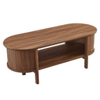 Table basse ovale cannelée avec étagère inférieure, chêne / noir / noyer, style moderne du milieu du siècle