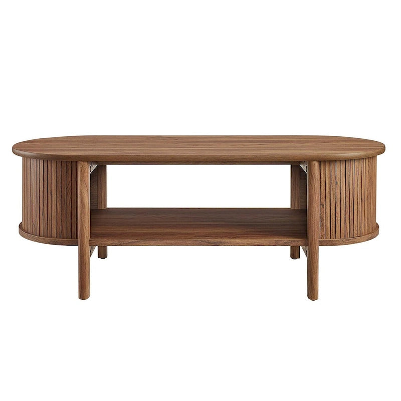 Table basse ovale cannelée avec étagère inférieure, chêne / noir / noyer, style moderne du milieu du siècle