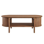 Table basse ovale cannelée avec étagère inférieure, chêne / noir / noyer, style moderne du milieu du siècle