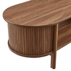 Table basse ovale cannelée avec étagère inférieure, chêne / noir / noyer, style moderne du milieu du siècle