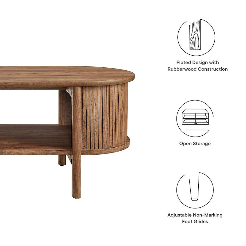 Table basse ovale cannelée avec étagère inférieure, chêne / noir / noyer, style moderne du milieu du siècle