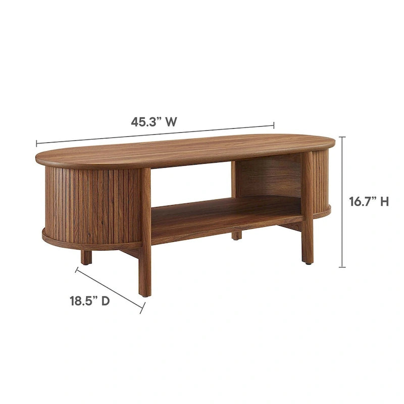 Table basse ovale cannelée avec étagère inférieure, chêne / noir / noyer, style moderne du milieu du siècle
