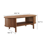 Table basse ovale cannelée avec étagère inférieure, chêne / noir / noyer, style moderne du milieu du siècle