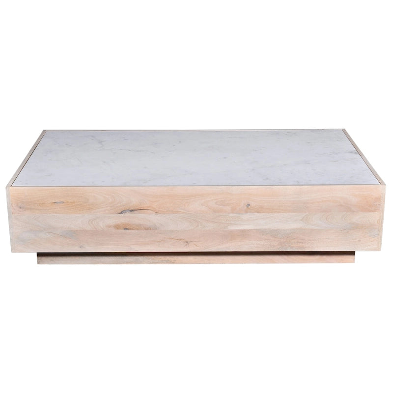 Table basse de rangement en bois de manguier et plateau en marbre, marbre naturel / blanc, tiroir caché, style moderne