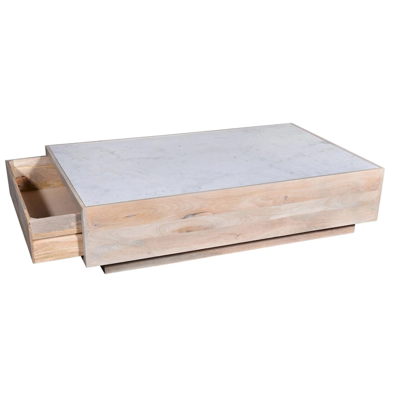 Table basse de rangement en bois de manguier et plateau en marbre, marbre naturel / blanc, tiroir caché, style moderne