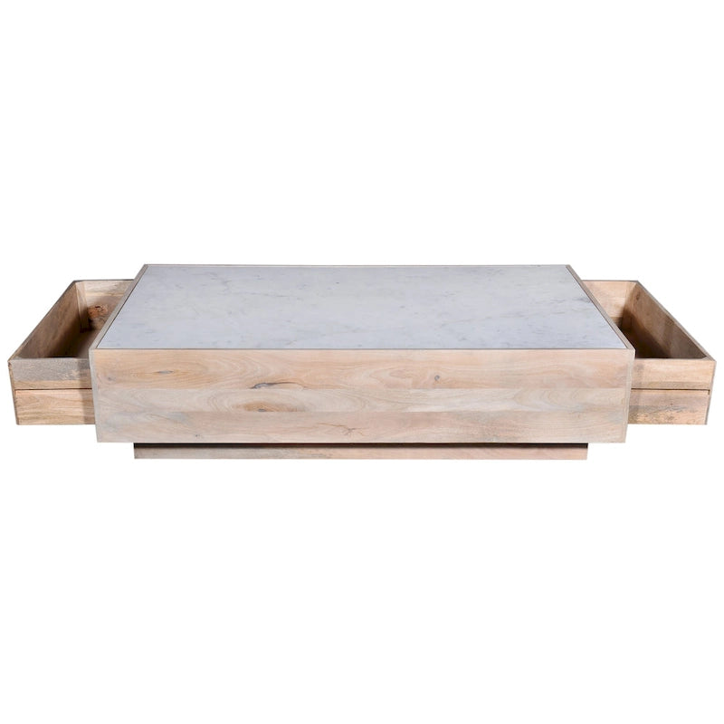 Table basse de rangement en bois de manguier et plateau en marbre, marbre naturel / blanc, tiroir caché, style moderne