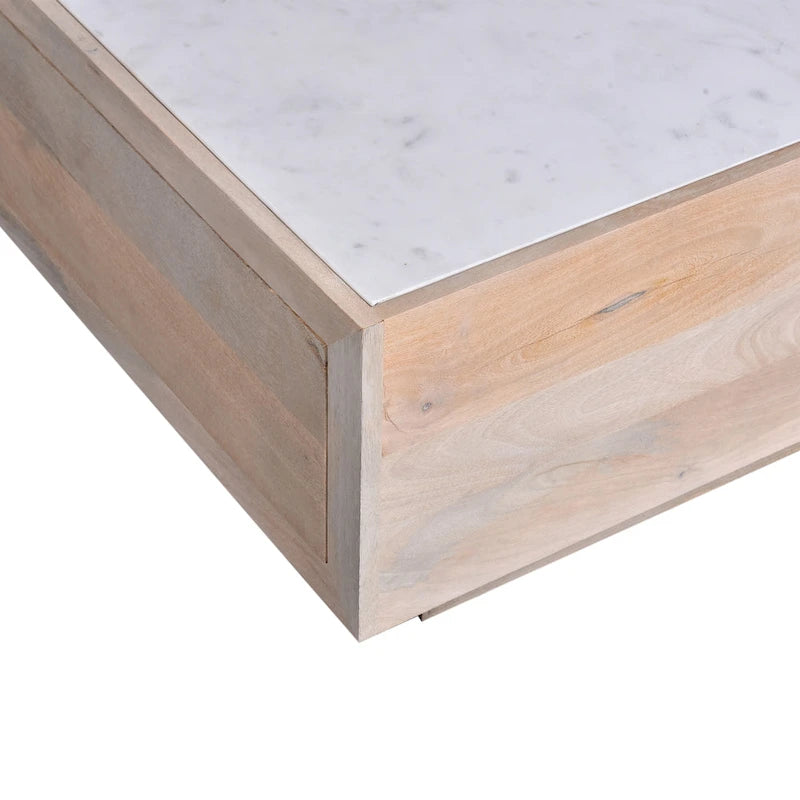 Table basse de rangement en bois de manguier et plateau en marbre, marbre naturel / blanc, tiroir caché, style moderne