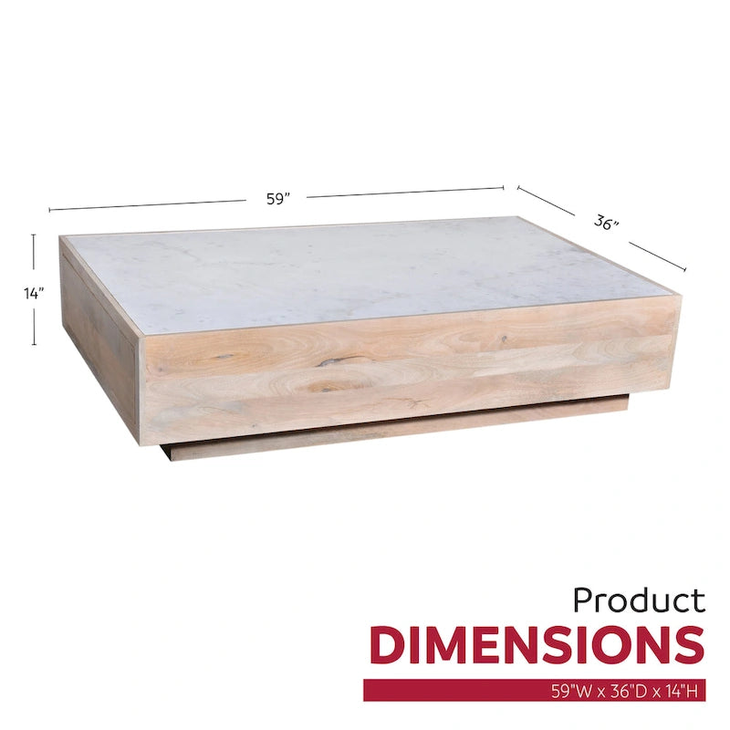 Table basse de rangement en bois de manguier et plateau en marbre, marbre naturel / blanc, tiroir caché, style moderne