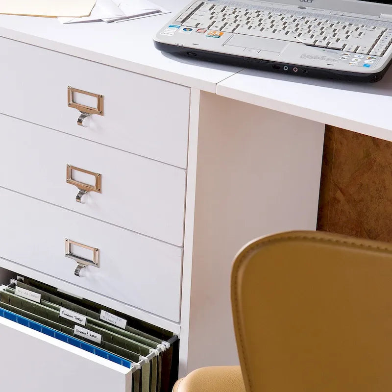 Bureau mural pliant avec 3 tiroirs et tiroir classeur, blanc, style gain de place, 1 personne