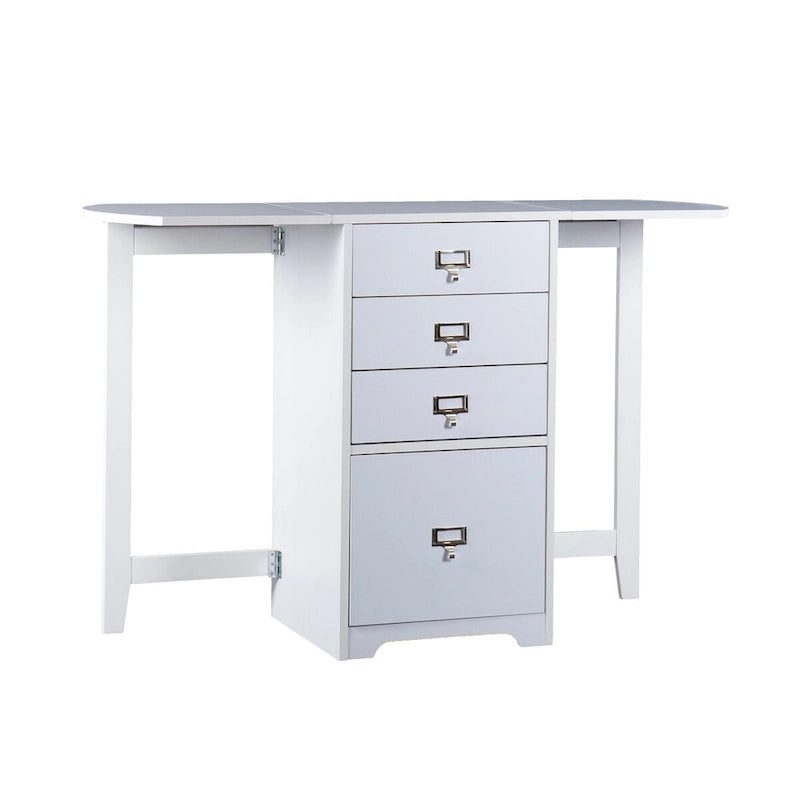 Bureau mural pliant avec 3 tiroirs et tiroir classeur, blanc, style gain de place, 1 personne