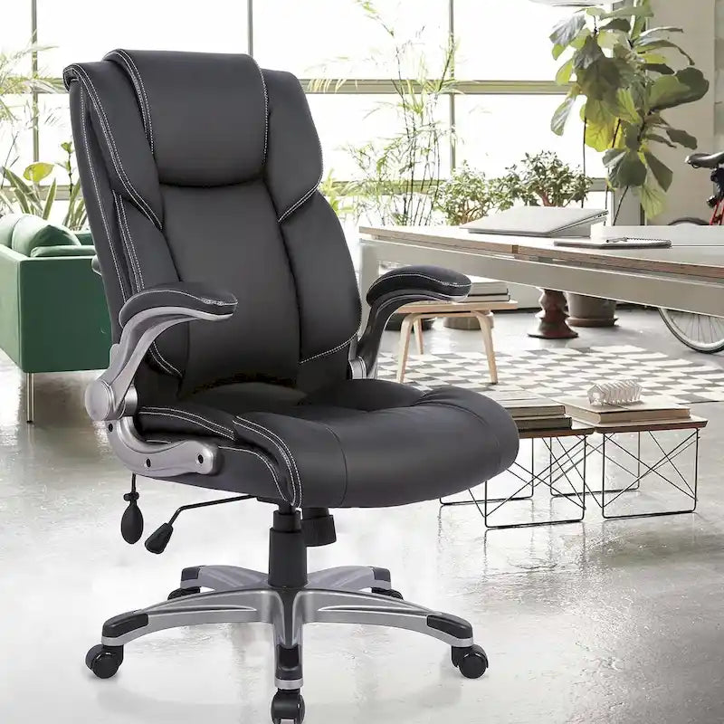 Fauteuil de bureau à dossier haut en cuir reconstitué avec accoudoirs relevables, marron/noir, style moderne, 1 personne