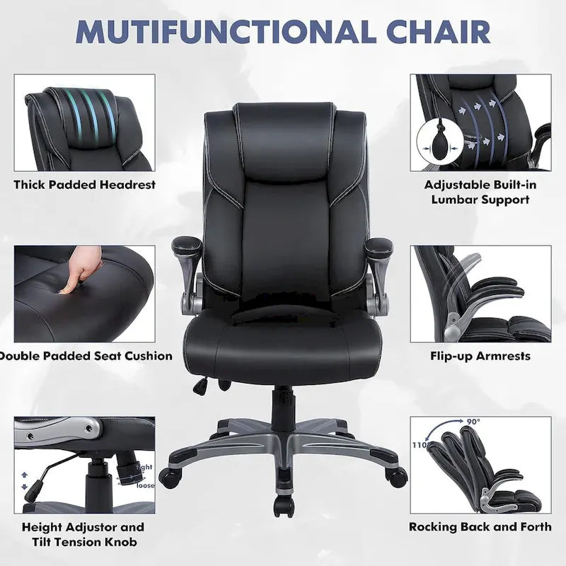 Fauteuil de bureau à dossier haut en cuir reconstitué avec accoudoirs relevables, marron/noir, style moderne, 1 personne