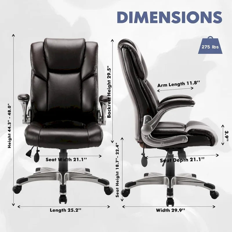 Fauteuil de bureau à dossier haut en cuir reconstitué avec accoudoirs relevables, marron/noir, style moderne, 1 personne