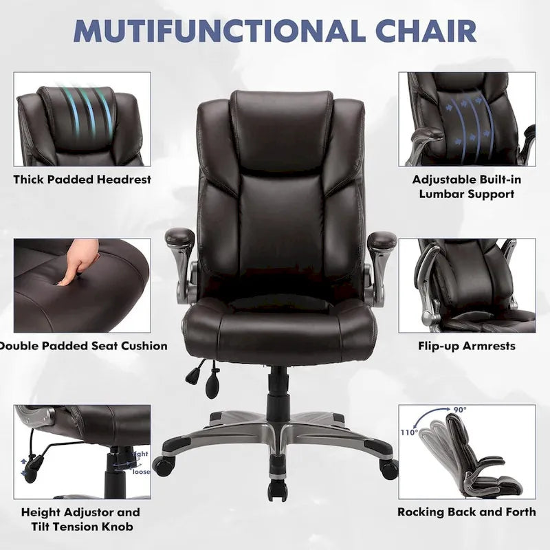Fauteuil de bureau à dossier haut en cuir reconstitué avec accoudoirs relevables, marron/noir, style moderne, 1 personne