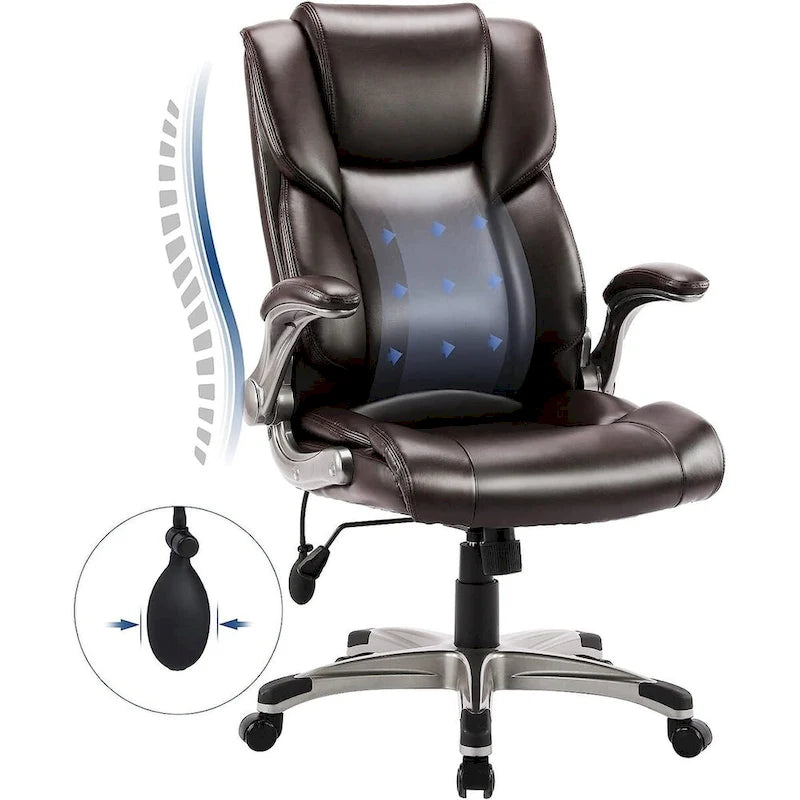 Fauteuil de bureau à dossier haut en cuir reconstitué avec accoudoirs relevables, marron/noir, style moderne, 1 personne