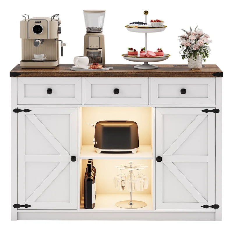 Buffet de ferme de 47" avec 3 tiroirs, lumières LED et prises de courant, noir/blanc, style ferme