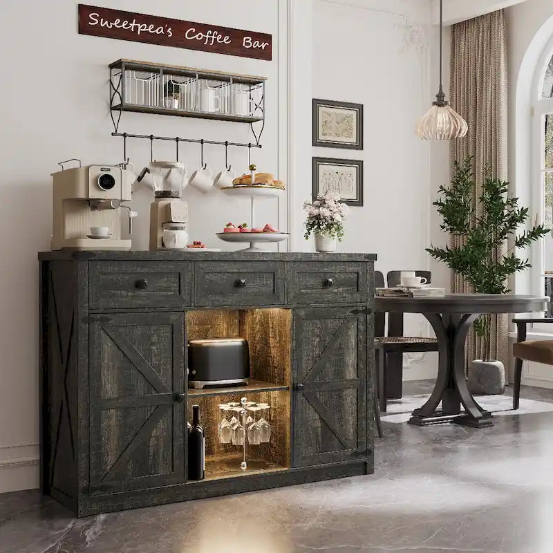 Buffet de ferme de 47" avec 3 tiroirs, lumières LED et prises de courant, noir/blanc, style ferme