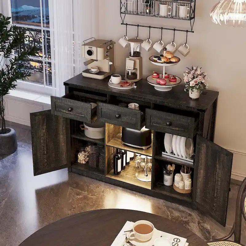 Buffet de ferme de 47" avec 3 tiroirs, lumières LED et prises de courant, noir/blanc, style ferme