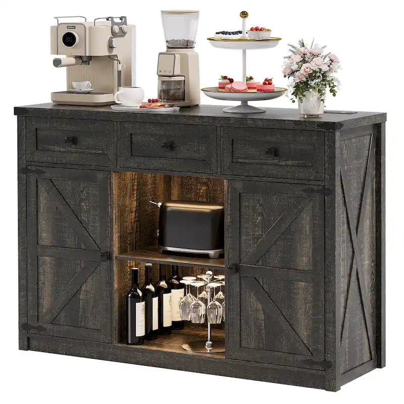Buffet de ferme de 47" avec 3 tiroirs, lumières LED et prises de courant, noir/blanc, style ferme