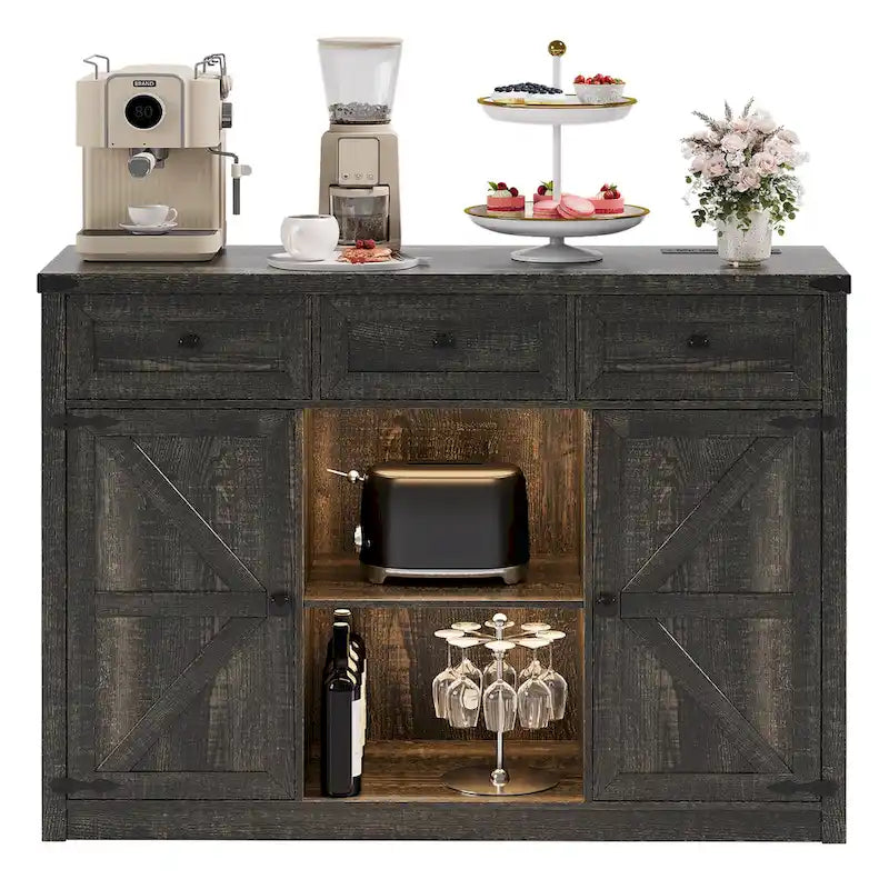 Buffet de ferme de 47" avec 3 tiroirs, lumières LED et prises de courant, noir/blanc, style ferme