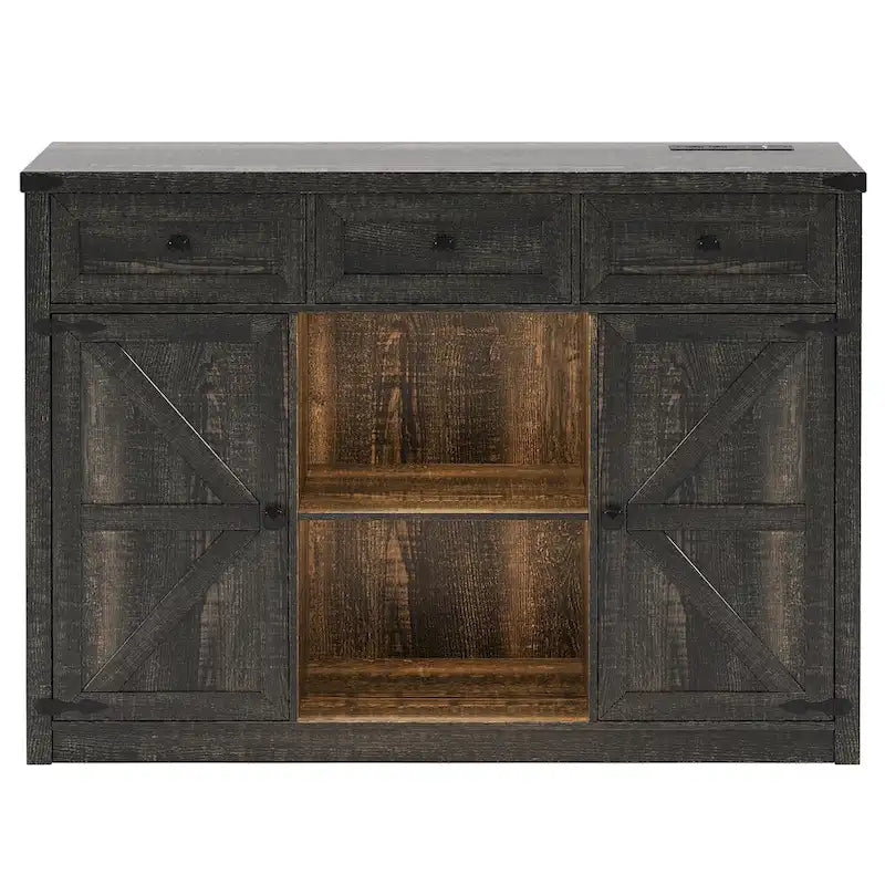Buffet de ferme de 47" avec 3 tiroirs, lumières LED et prises de courant, noir/blanc, style ferme