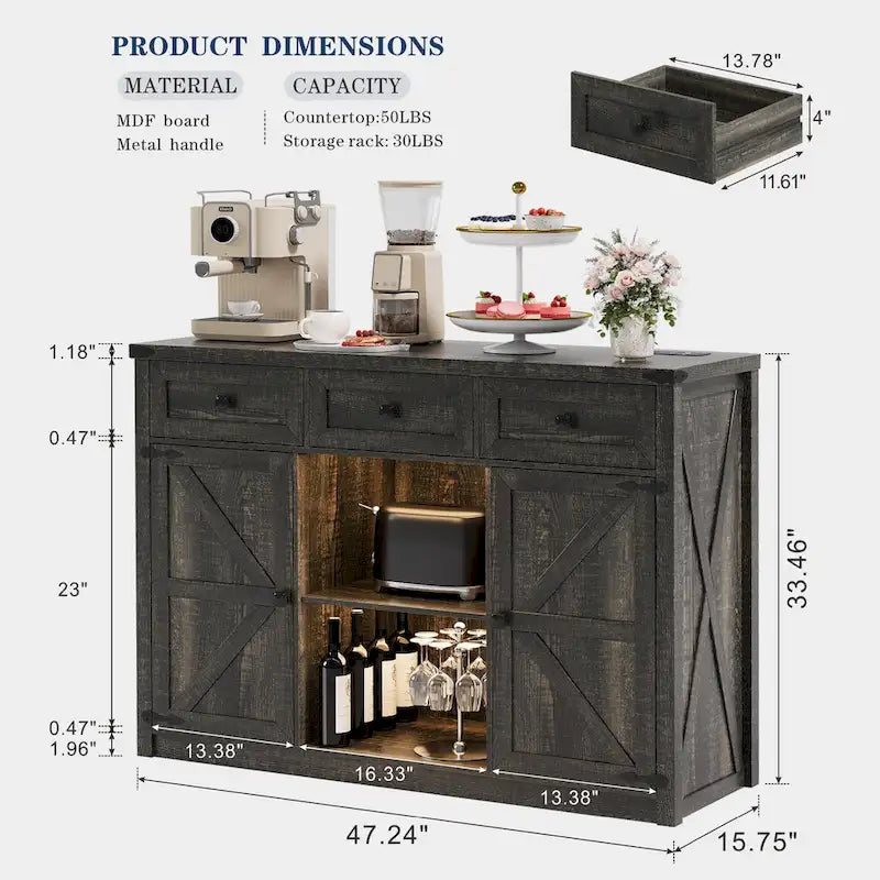 Buffet de ferme de 47" avec 3 tiroirs, lumières LED et prises de courant, noir/blanc, style ferme