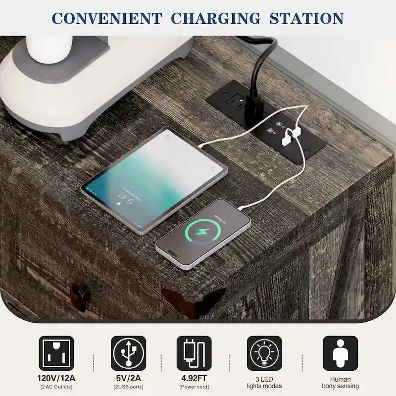 Buffet de ferme de 47" avec 3 tiroirs, lumières LED et prises de courant, noir/blanc, style ferme