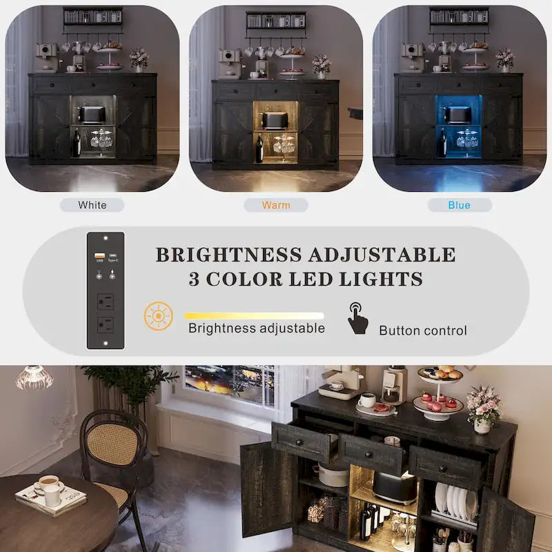 Buffet de ferme de 47" avec 3 tiroirs, lumières LED et prises de courant, noir/blanc, style ferme