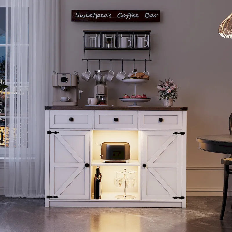 Buffet de ferme de 47" avec 3 tiroirs, lumières LED et prises de courant, noir/blanc, style ferme