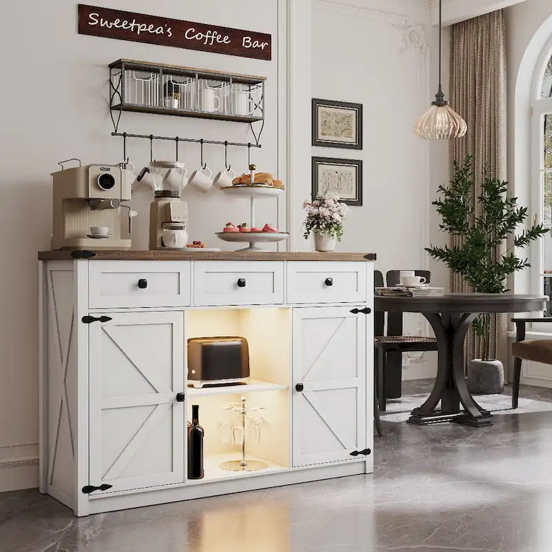 Buffet de ferme de 47" avec 3 tiroirs, lumières LED et prises de courant, noir/blanc, style ferme