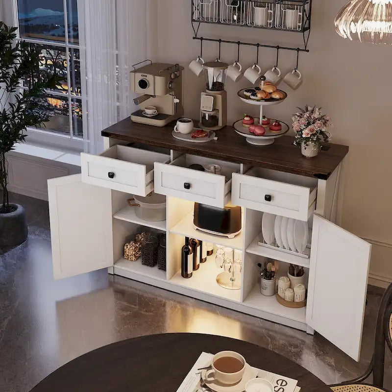 Buffet de ferme de 47" avec 3 tiroirs, lumières LED et prises de courant, noir/blanc, style ferme