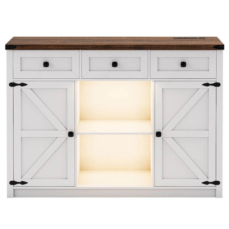 Buffet de ferme de 47" avec 3 tiroirs, lumières LED et prises de courant, noir/blanc, style ferme