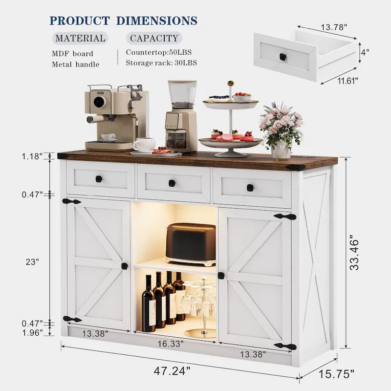 Buffet de ferme de 47" avec 3 tiroirs, lumières LED et prises de courant, noir/blanc, style ferme