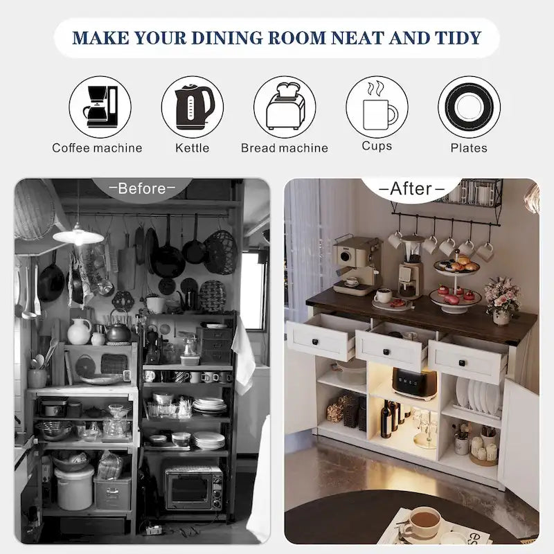 Buffet de ferme de 47" avec 3 tiroirs, lumières LED et prises de courant, noir/blanc, style ferme