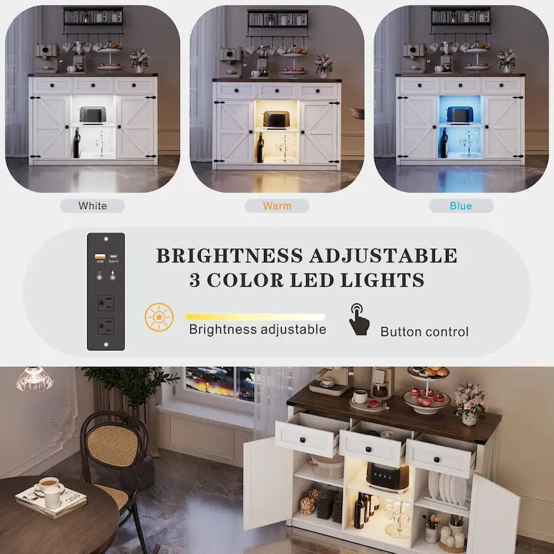 Buffet de ferme de 47" avec 3 tiroirs, lumières LED et prises de courant, noir/blanc, style ferme