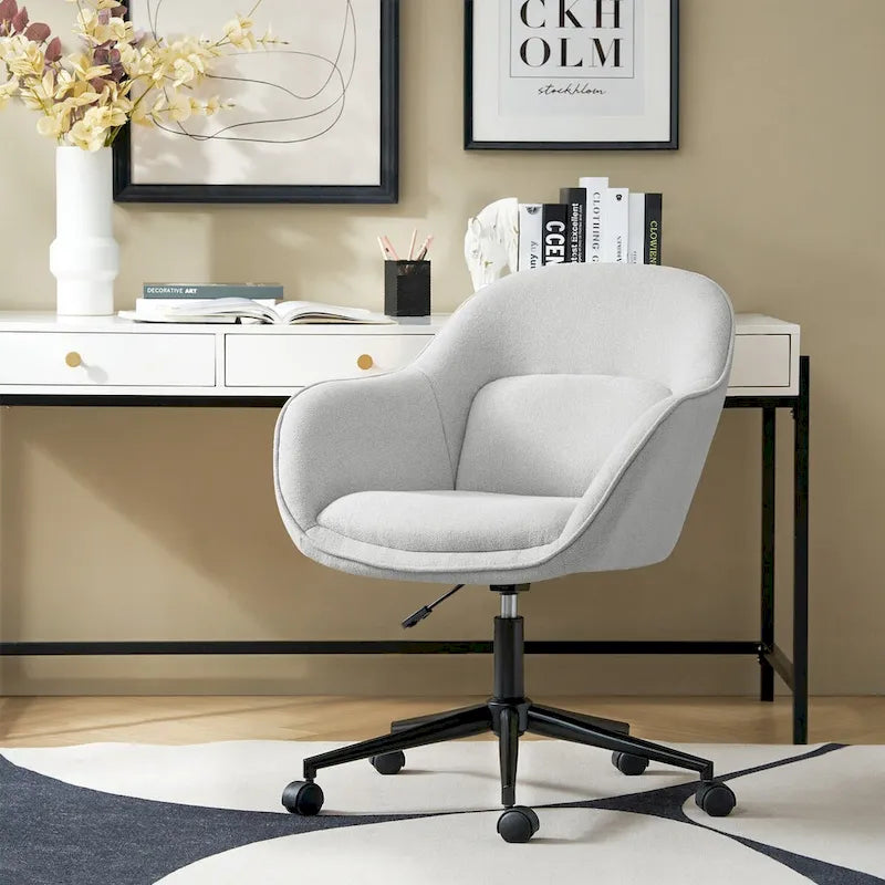 Chaise de bureau pivotante à dossier incurvé avec piètement en métal et roulettes, Gris / Moutarde / Beige, Style moderne, 1 personne