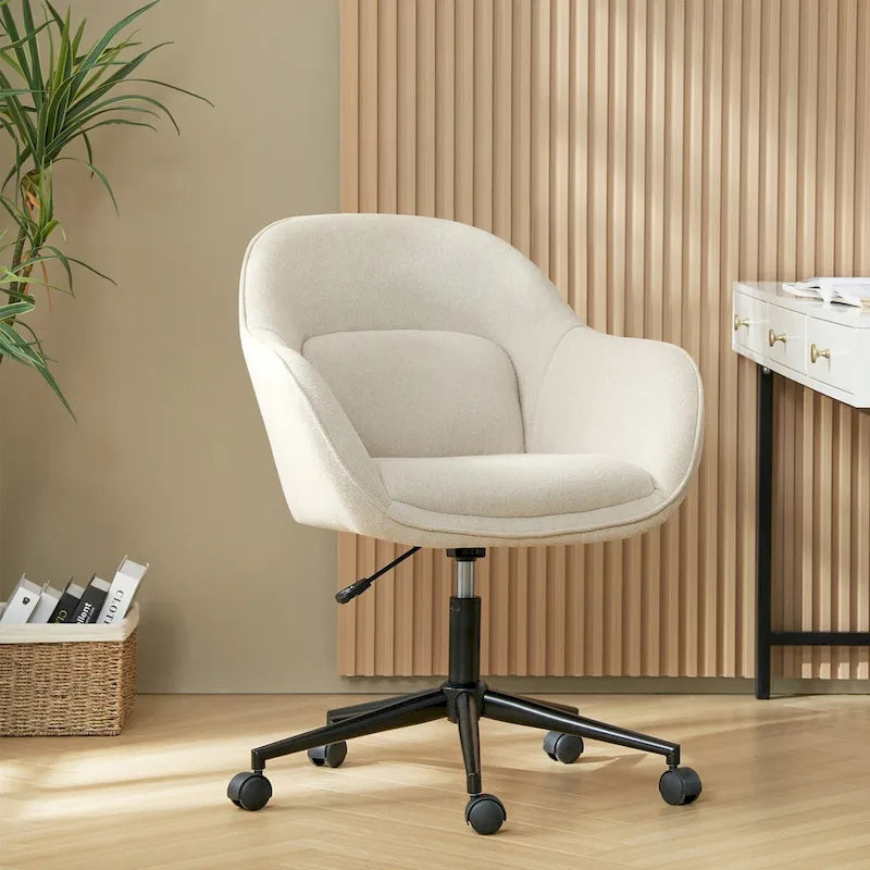 Chaise de bureau pivotante à dossier incurvé avec piètement en métal et roulettes, Gris / Moutarde / Beige, Style moderne, 1 personne