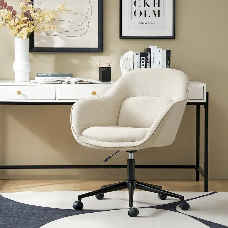 Chaise de bureau pivotante à dossier incurvé avec piètement en métal et roulettes, Gris / Moutarde / Beige, Style moderne, 1 personne
