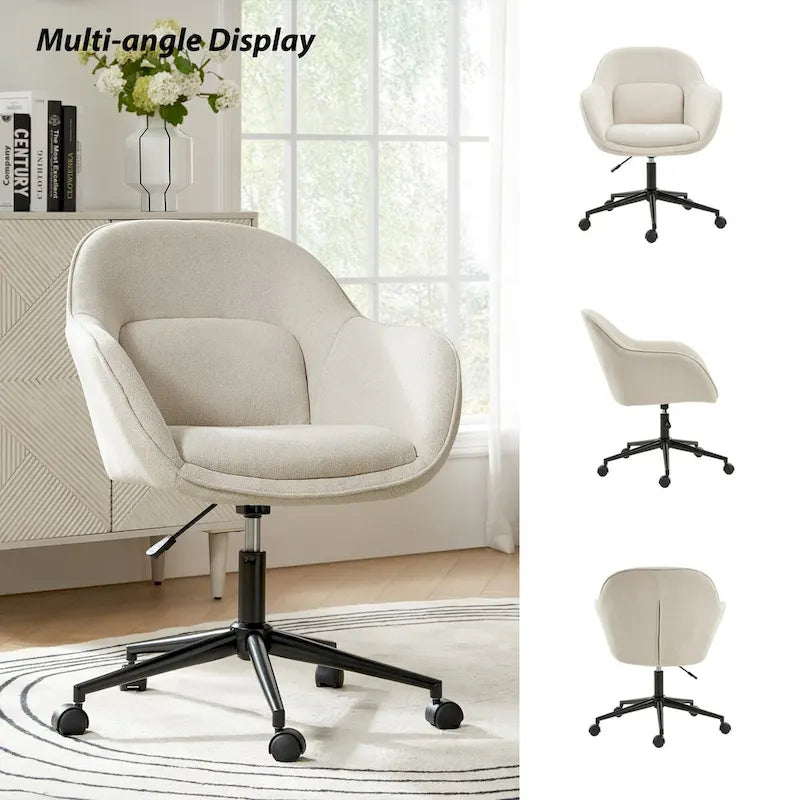 Chaise de bureau pivotante à dossier incurvé avec piètement en métal et roulettes, Gris / Moutarde / Beige, Style moderne, 1 personne