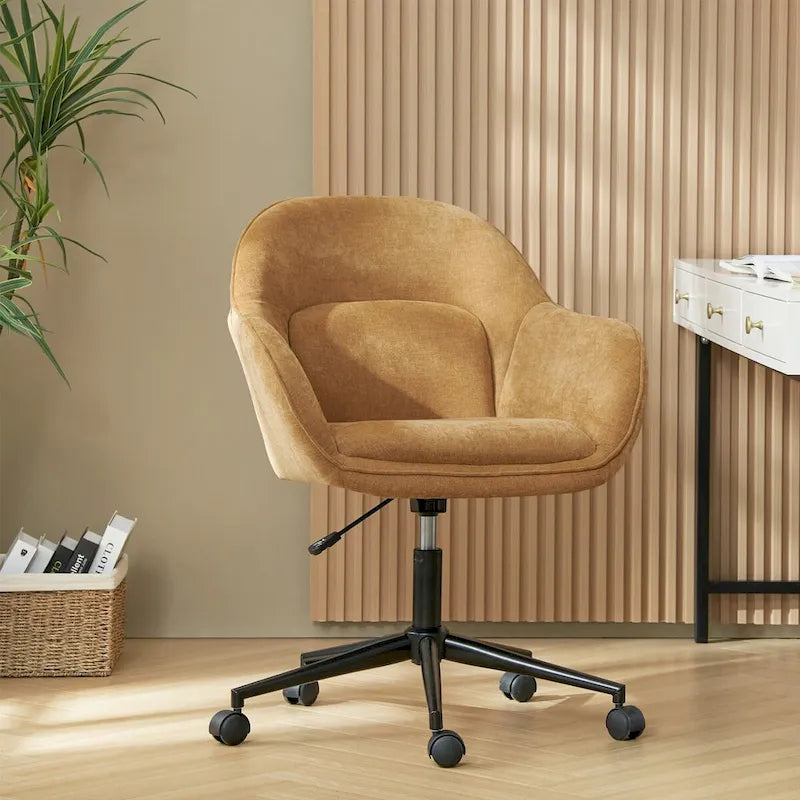Chaise de bureau pivotante à dossier incurvé avec piètement en métal et roulettes, Gris / Moutarde / Beige, Style moderne, 1 personne