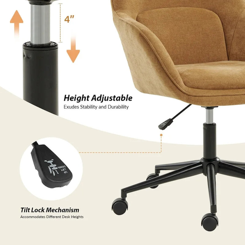 Chaise de bureau pivotante à dossier incurvé avec piètement en métal et roulettes, Gris / Moutarde / Beige, Style moderne, 1 personne