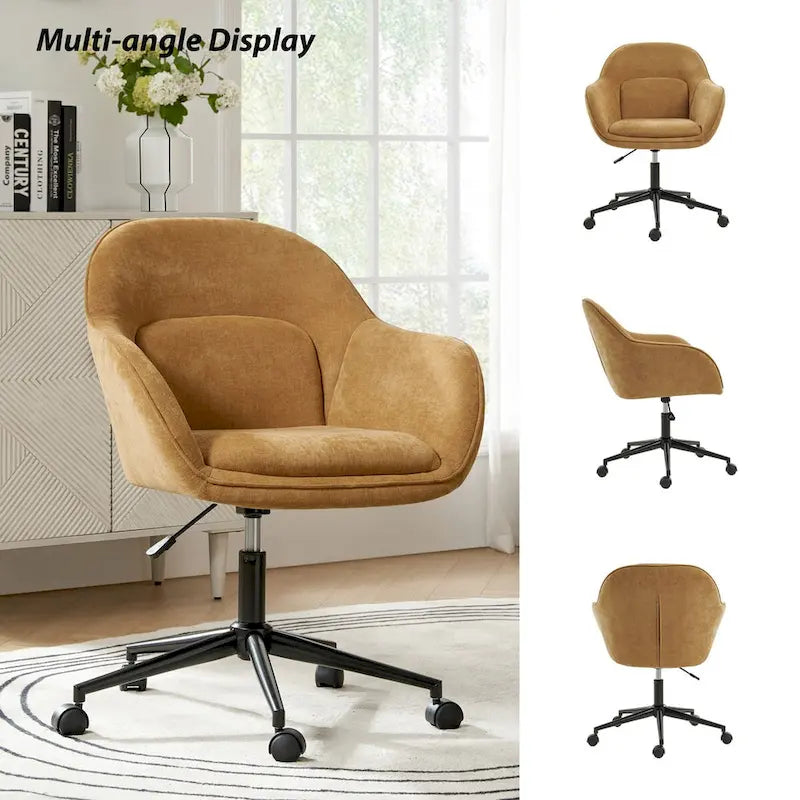 Chaise de bureau pivotante à dossier incurvé avec piètement en métal et roulettes, Gris / Moutarde / Beige, Style moderne, 1 personne